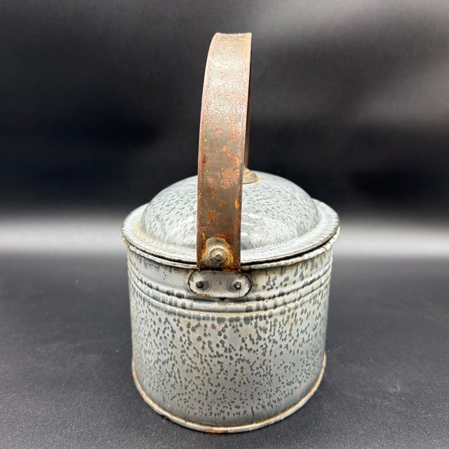 A Rare Antique Gray Agateware Oval Lunch Pail With Agate Lid, Circa 1900 For Sale - Image 4 of 12