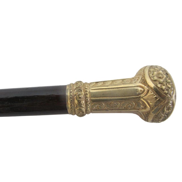 Antique Victorian wood walking stick cane with flower and foliage chased gold plated brass knob showing monogram "AEK' at...
