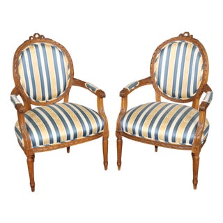 Pair 1920's French Louis XVI Carved Armchairs With Silk Upholstery For Sale