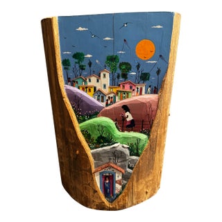 Vintage Brazilian Naïve Folk Art Village Painting on Wood by Magela De Santa Branca For Sale