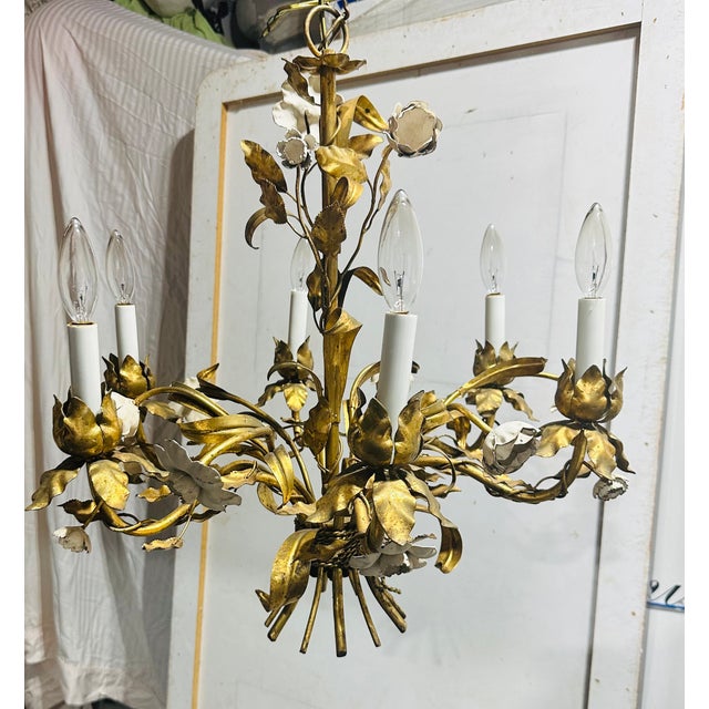 Gold Vintage Italian Gilded Tole and Cream Enamel Floral 6-Light Chandelier For Sale - Image 8 of 17