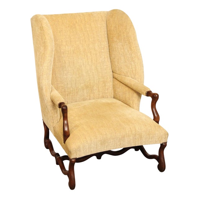 French Louis XIII Style Carved Frame Wing Chair For Sale