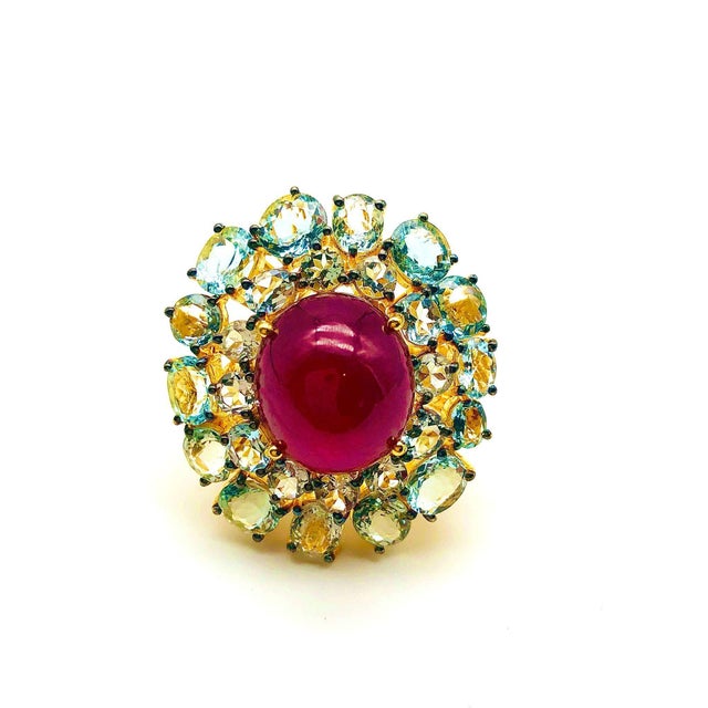 Bochic “Orient” Natural Ruby & Aquamarine Ring Set In 18K Gold & Silver For Sale In New York - Image 6 of 14