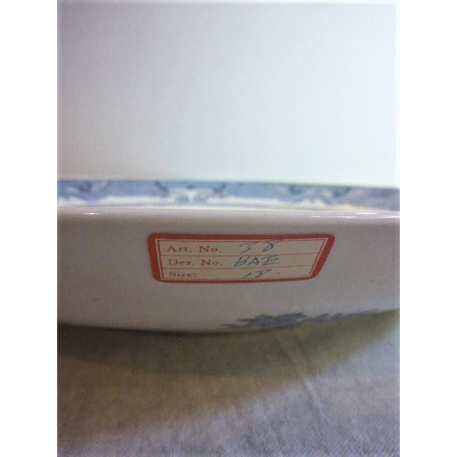 Large Vintage Chinese Porcelain Americana Theme Blue & White Shallow Bowl For Sale - Image 9 of 10