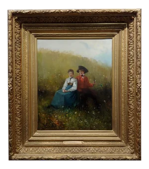 Gustave Jundt -Young Lovers in a Flower Garden -19th Century Oil Painting