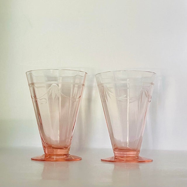 Glass 1930s Tiffin Franciscan Etched Pink Optic Glass Juice Glasses-a Pair For Sale - Image 7 of 10