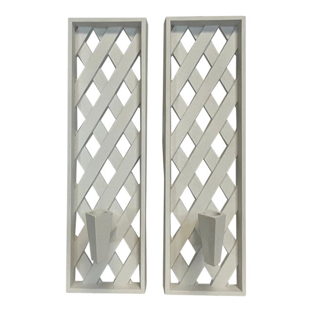 Mid-Century Syroco Style White Lattice Candle Holder Scones - A Pair. For Sale