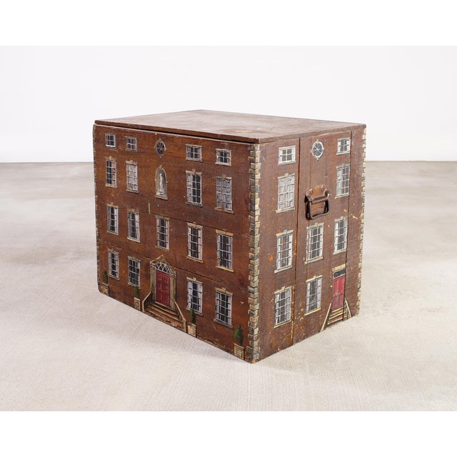 Late 19th Century Country English Painted Pine Trunk With Georgian House Facade For Sale - Image 5 of 17