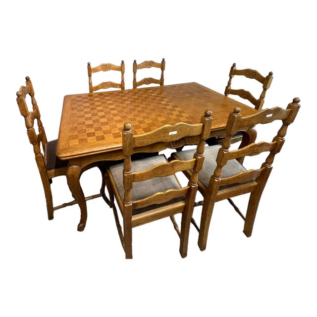 1960s Mid Century Belgian Light Oak Table and 6 Chair Set - Set of 7 For Sale