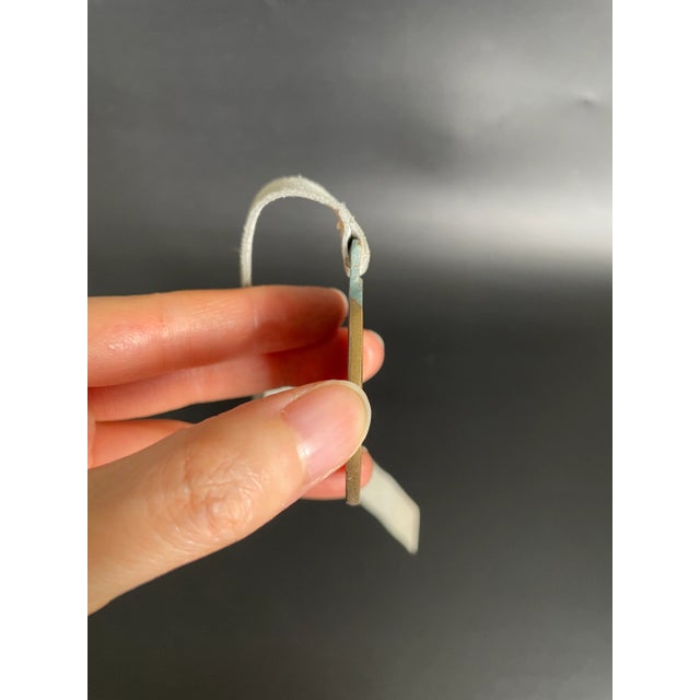 1940s Art Deco Israeli Verdigris Enamel Brass Lyre Charm With Suede Strap Bookmark For Sale - Image 5 of 8