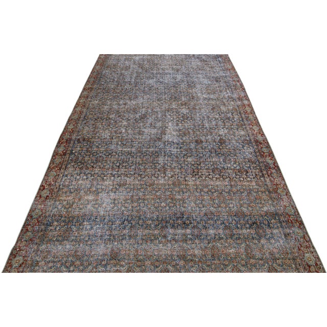 Traditional Antique Malayer Handmade Allover Floral Pattern Blue Wool Runner For Sale - Image 3 of 9