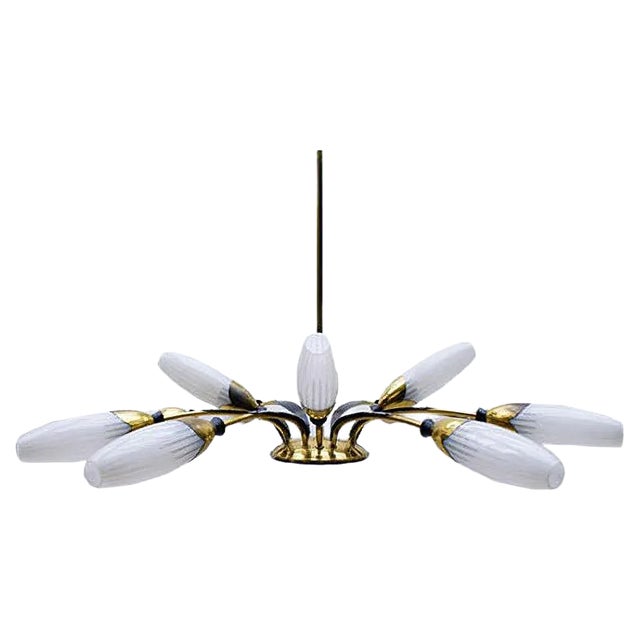 Italian Brass & Glass 12-Arm Sputnik Ceiling Lamp, 1950s For Sale