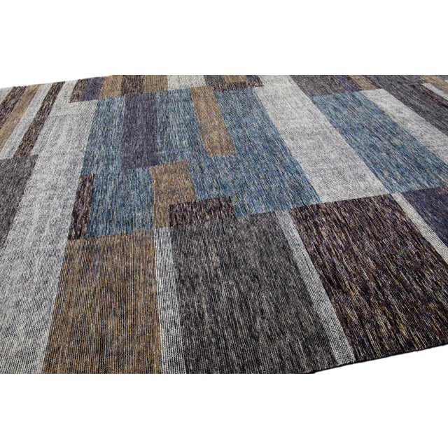 Gray Modern Apadana's Safi Collection Handmade Earthy Tone Abstract Designed Wool Rug For Sale - Image 8 of 11