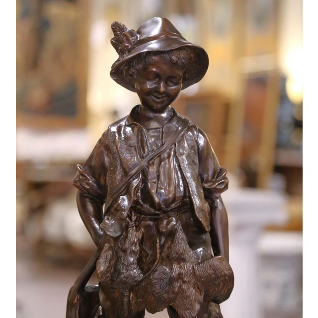 French Mid 20th Century Mid-Century French Patinated Bronze Sculpture of a Young Hunter With Hare For Sale - Image 3 of 10