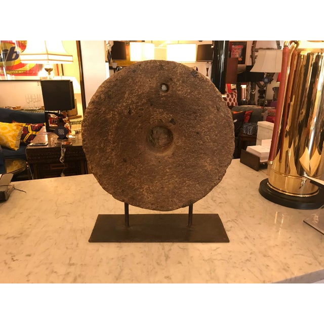 Antique 1800's Grinding Millstone Sculpture Mounted on Custom Black Iron Base For Sale In Miami - Image 6 of 6