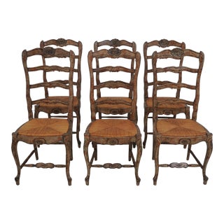 Set of 6 Country French Style Rush Seat Dining Room Chairs For Sale