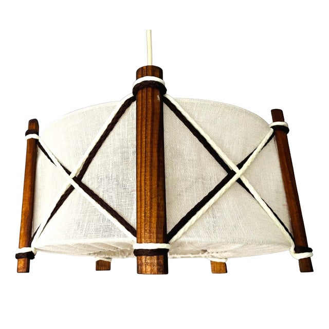 Scandinavian Wood and Linen Lampshade Hanging Lamp, 1960s For Sale
