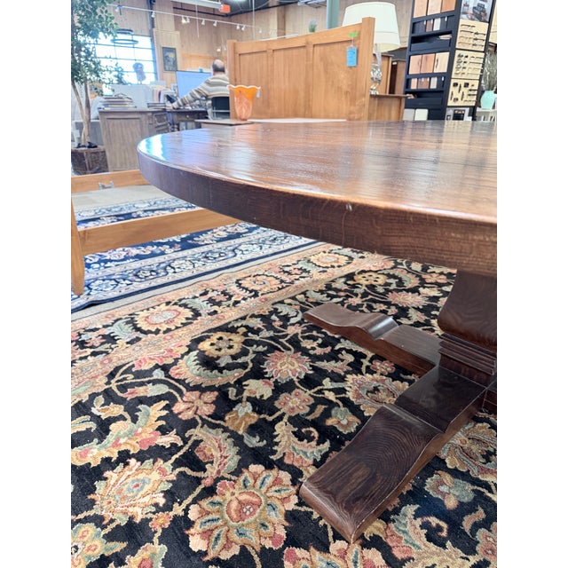Late 20th Century Custom Chestnut Round Farmhouse Plank Top Dining Table For Sale - Image 4 of 9