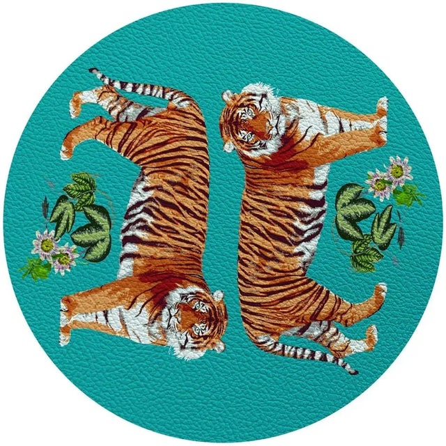 Contemporary Nicolette Mayer Tiger Seeing Double Teal 16" Round Pebble Placemats, Set of 4 For Sale - Image 3 of 3