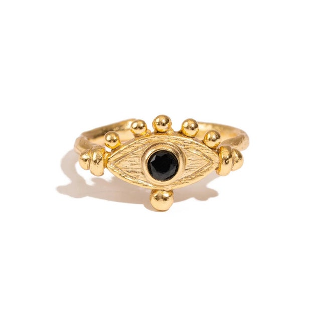 Metal Mystic Black Onyx Evil Eye Gold Adjustable Band Ring, Size 8 For Sale - Image 7 of 7