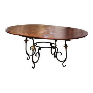 Mid-Century French Carved Walnut Dining Room Table on Wrought Iron Base W/ Leaf For Sale