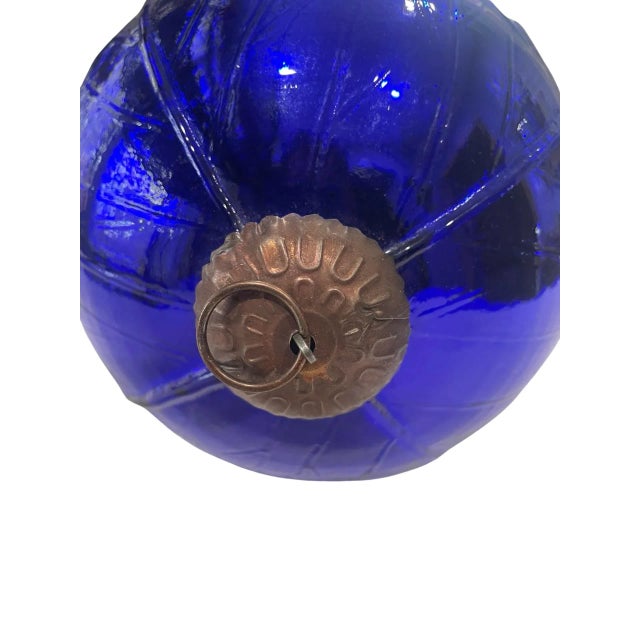 Large Vintage Cobalt Blue Glass Kugel Style Ornament With Brass Cap For Sale - Image 4 of 12