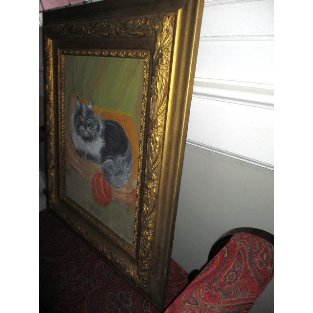 1970s Vintage Signed Oil on Canvas Board Persian Cat on Pillow in Antique Frame 30x26 For Sale - Image 5 of 12