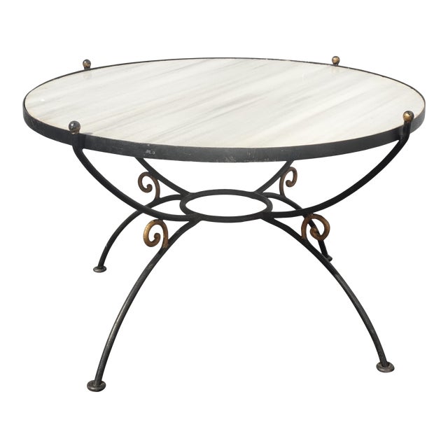 Vintage Spanish Style Wrought Iron W White & Gray Marble Top Coffee Table For Sale