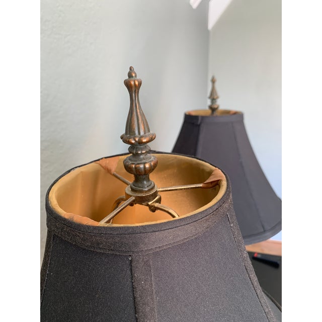 Brass Late 20th Century Large Palm Buffet Lamps With Brass Accents and Black Shades, Pair For Sale - Image 8 of 13