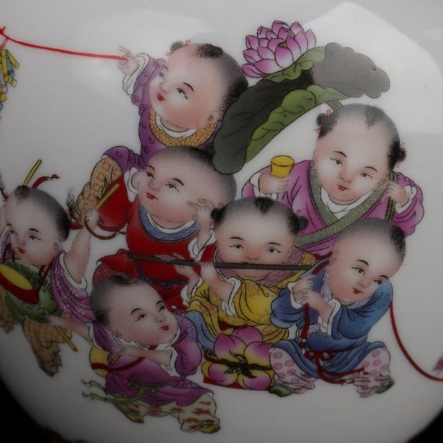 White Famille Rose Children Spring Celebration Porcelain Lidded Jar, Chinoiserie Canister For Sale - Image 8 of 8