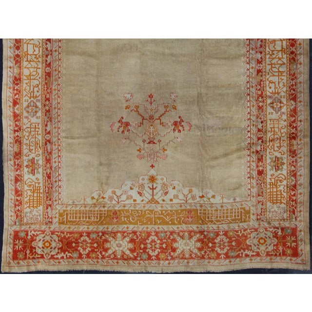 Large Antique Oushak Rug in Taupe / Light Green Background and Red Border For Sale - Image 9 of 12