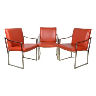 1970s Chromed Steel & Red Leather Arm Chairs For Sale
