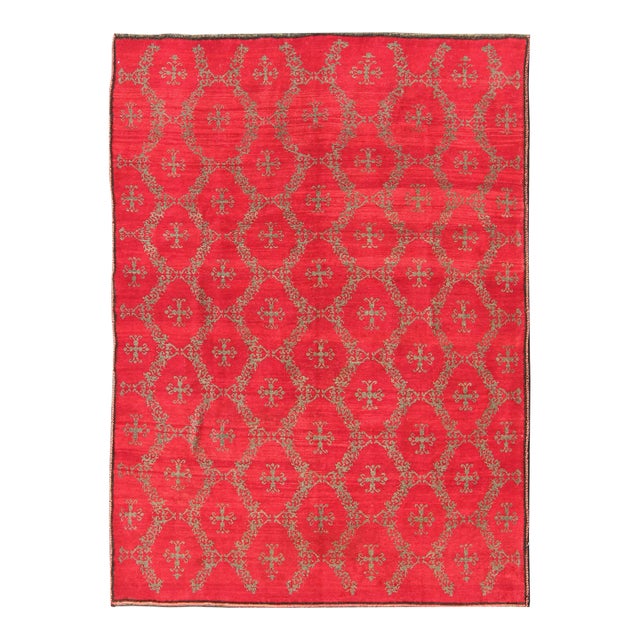 Vintage Turkish Konya Carpet With Cross Design and Bright Red Background For Sale