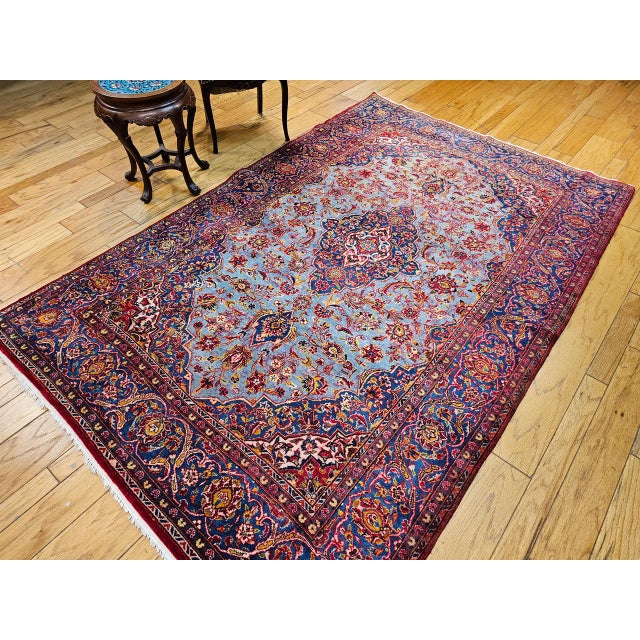 Sky Blue Early 20th Century Persian Kashan Rug, Hand-Knotted Wool, Floral Pattern, Turquoise & Red,6x9 For Sale - Image 8 of 18