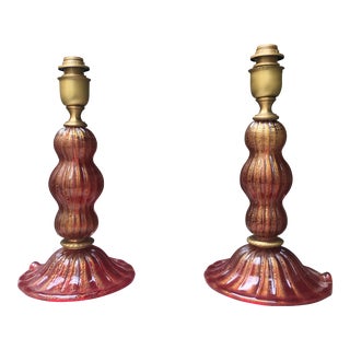Red and Gold Murano Glass Table Lamps - a Pair For Sale