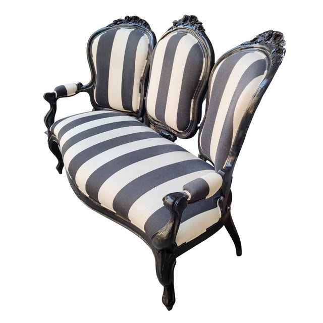 Three-seater sofa/tablecloth sofa, upholstered in stripes, ebonized wood, napoleon iii, late 19th century - france style:...