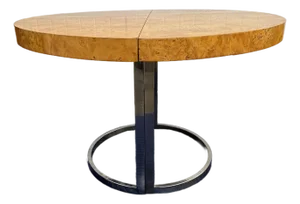 1970’s Burl Wood Chrome Base Dining Table by Milo Baughman