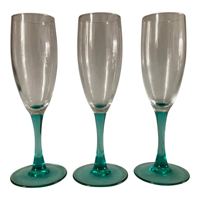 Vintage French Clear and Green Champagne Glasses S/3 For Sale
