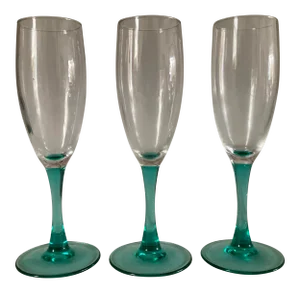 Vintage French Clear and Green Champagne Glasses S/3