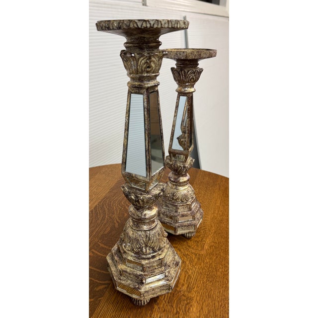 2010s Neoclassical Revival Mirrored Column Candleholders, Pair For Sale - Image 5 of 12