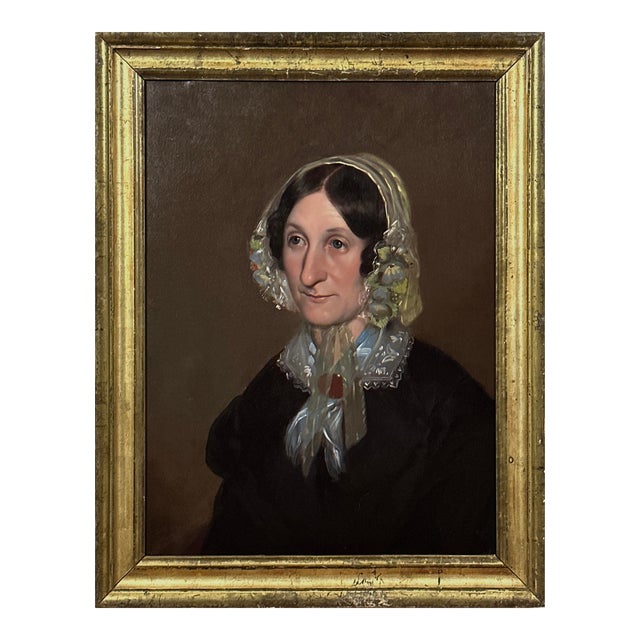 Antique 19th Century Victorian Portrait of Woman in Floral Lace Bonnet, Framed (Oil on Canvas) For Sale