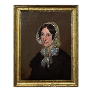 Antique 19th Century Victorian Portrait of Woman in Floral Lace Bonnet, Framed (Oil on Canvas)