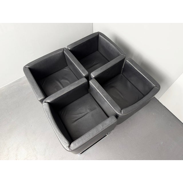 Cubica Armchairs in Black Leather by Tito Agnoli for Zanotta, Italy, 2010s, Set of 4 For Sale - Image 3 of 8
