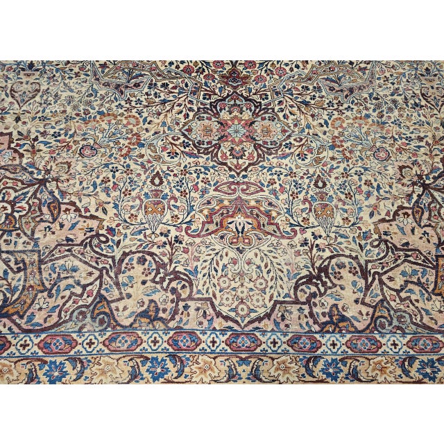 19th Century Oversized Persian Kerman Lavar Rug, Hand-Knotted Wool, Floral Pattern, Ivory & Blue, 11’ X 17’ For Sale - Image 17 of 18