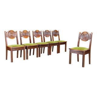 Vintage French Carved Oak Dining Chairs with Original Velvet, 1930s, Set of 6 For Sale