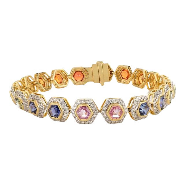 Multi Gemstone and Halo Diamond Hexagon Shape Tennis Bracelet in Yellow Gold For Sale
