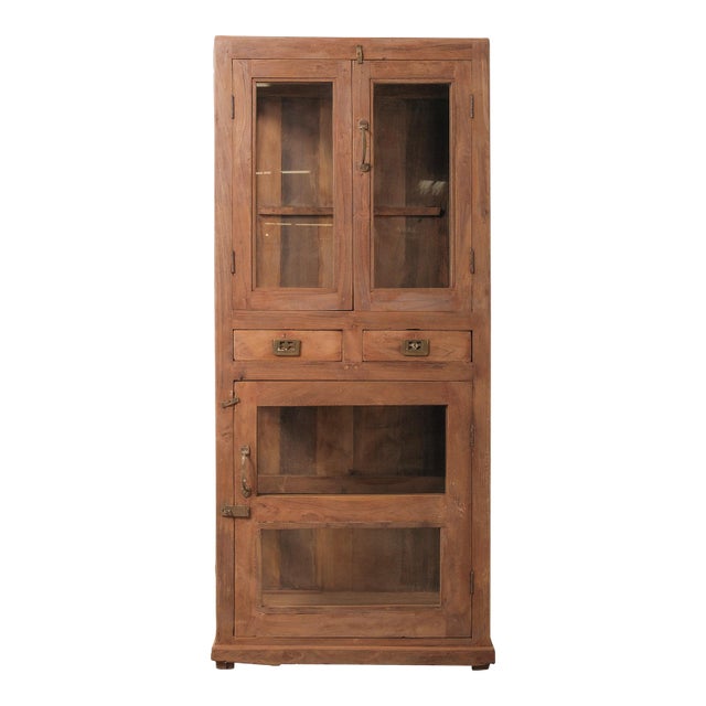Late 20th Century Indian Teak Glass Front Almirah Cabinet With Drawers and Brass Hardware For Sale