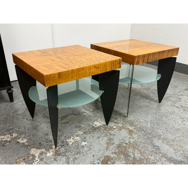 Postmodern Postmodern Figured Maple + Frosted Glass End Tables For Sale - Image 3 of 12
