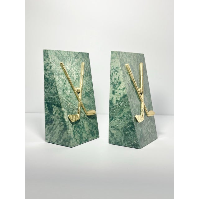 1990s Vintage Pair of Marble & Brass Golf Club Bookends For Sale - Image 4 of 8