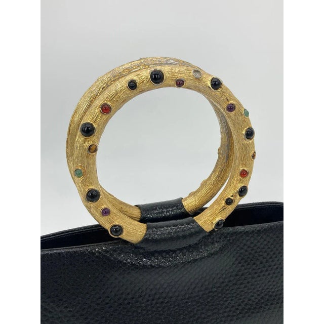 Judith Leiber Black Lizard Round Gold Gemstone Top Handle Bag For Sale - Image 9 of 12